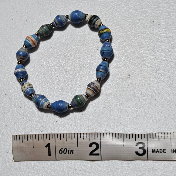 Handcrafted Recycled Multicolor Paper Bead Stretch Bracelet Eco Friendly Jewelry - Picture 3 of 3